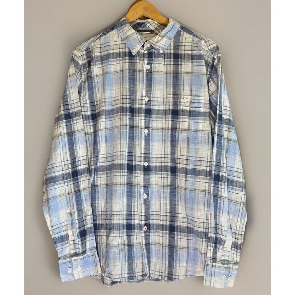 Weatherproof Vintage Weather Wash Cotton Button Plaid Ice Blue White Shirt Sz M
